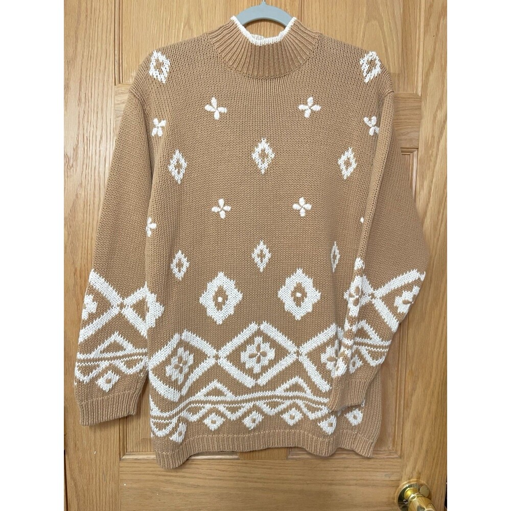 Leslie Fay Sport Petite Vintage Camel Tan & White Geometric Mock Neck Sweater